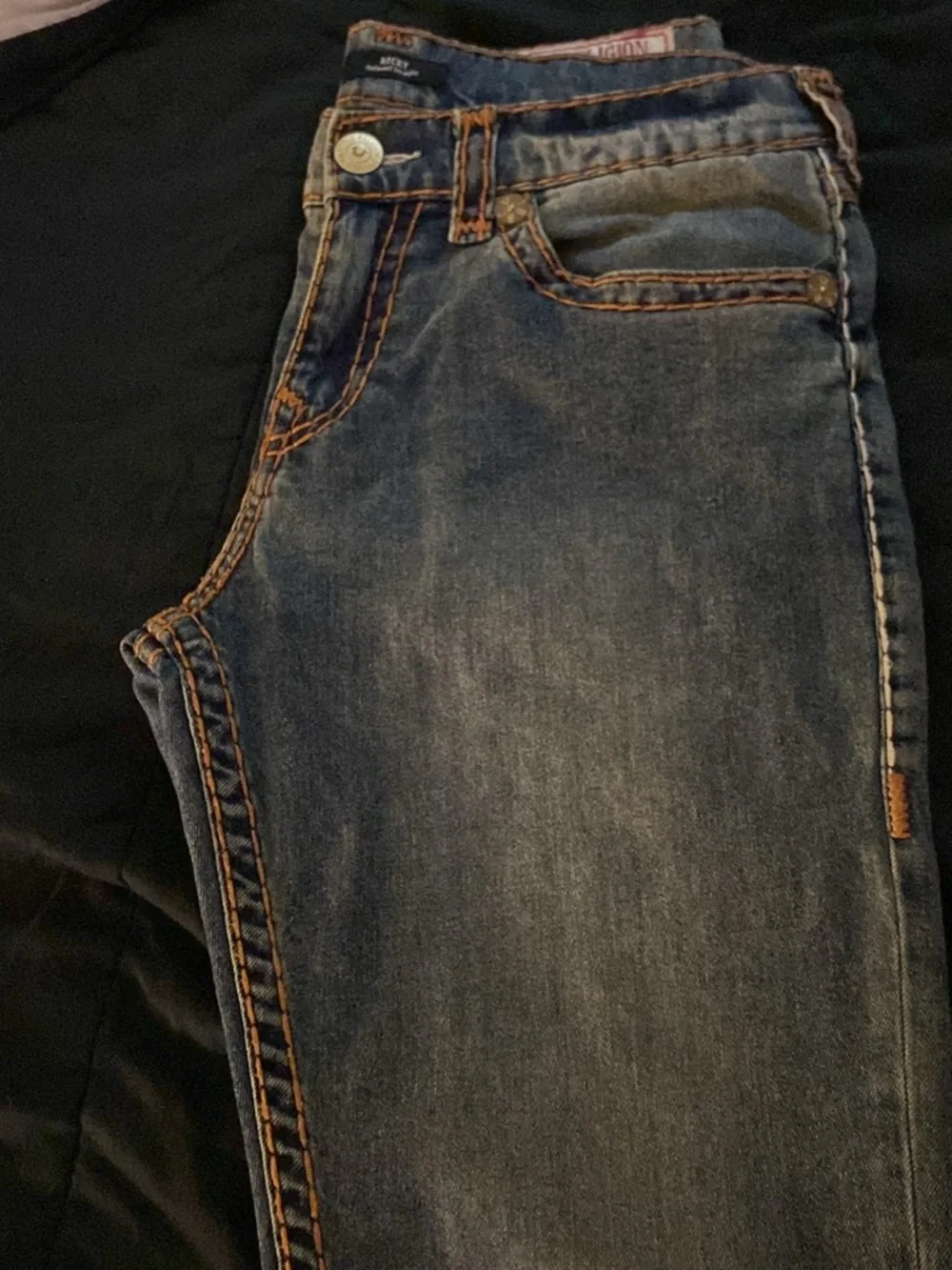 True Religion Men’s Light Blue Denim Slim Jeans with Contrast Stitching